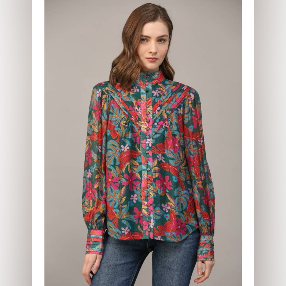 Fate Victorian Boho Floral Arlo Blouse Teal Green Button Up Women’s Sz Medium